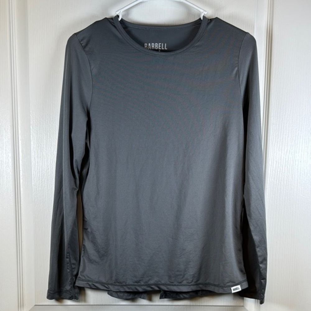 Barbell Gray Long Sleeve Gym Activewear Shirt Size Large EUC #5606